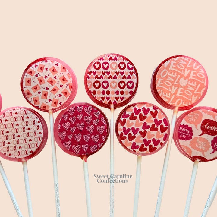 Alla hjärtans dag Print Lollipops, hallonsmak, 10/fall för wholesale av Sweet Caroline Confections