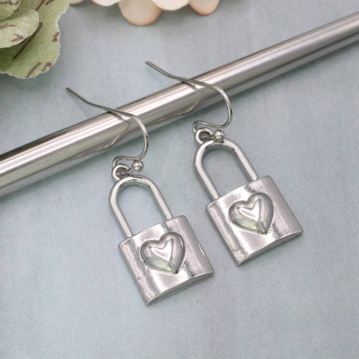 ZAD - Wholesale Dangle Earrings - Love Locked Silver Heart Lock Earrings