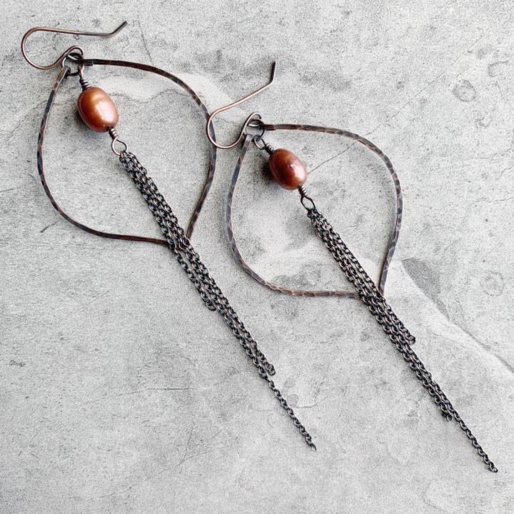 Indulgent - Copper Pearl Hoop Earrings Copper Chain Dangle for wholesale by LITVA'S Jewelry