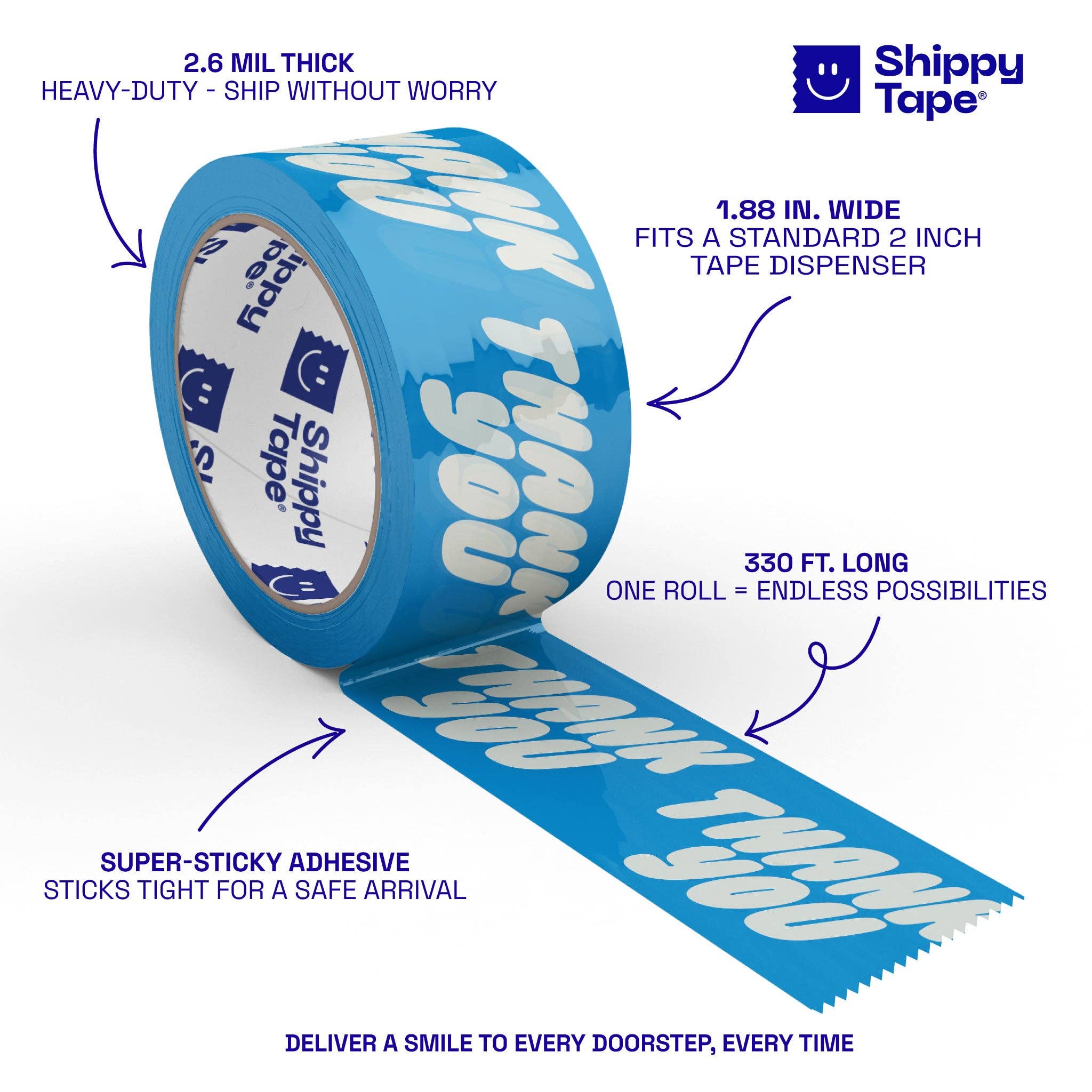 Shippy Tape – Großhandel Klebeband – Danke Verpackungs- und Versandband - Creme/Blaue Blasenschrift3