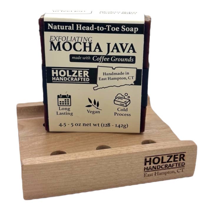 Soap + Soap Dish Gift Set - MOCHA JAVA with Coffee Grounds Handmade Soap Bar + Handcrafted Hardwood Soap Dish | Natural Cold Process, Vegan, 4.5 oz | Coffee Bean + Cocoa Scented Soap for wholesale by Holzer Handcrafted ®