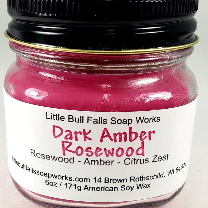 Little Bull Falls Soap Works – wholesale Jar/filled candle – Dark Amber Rosewood Soy Wax Mason Jar Candle0