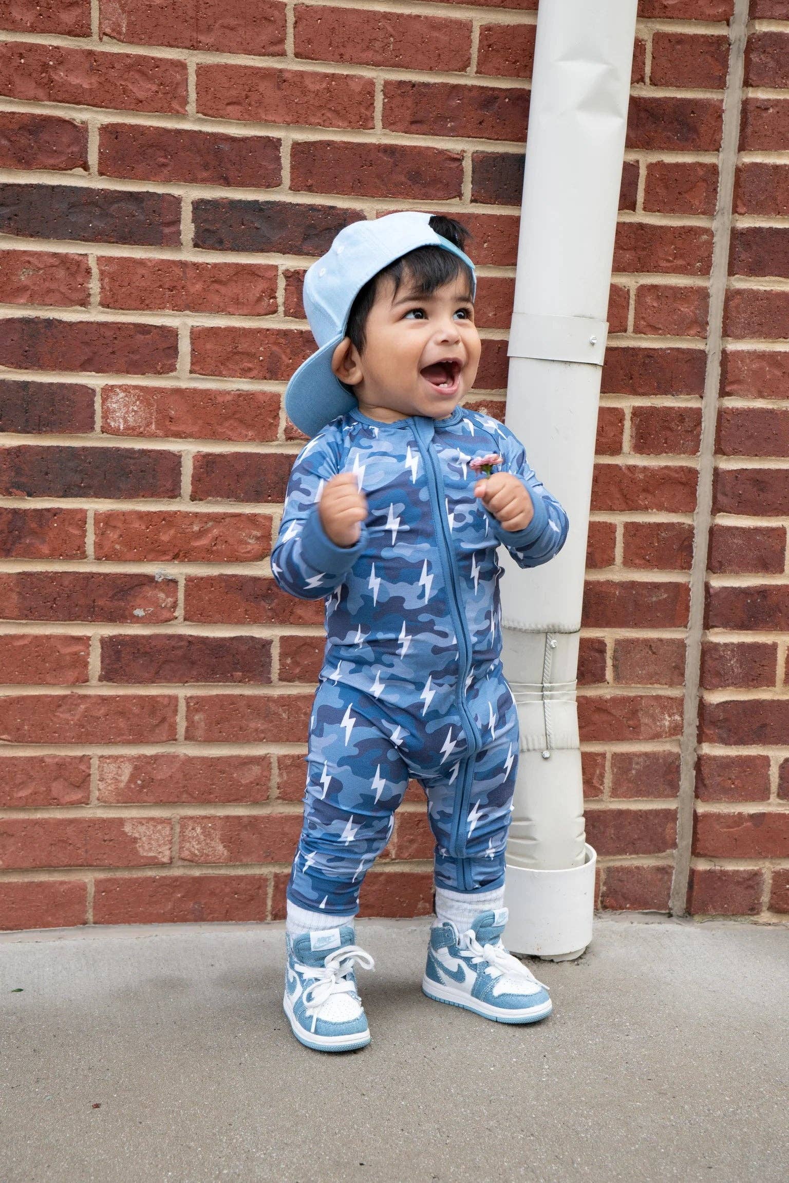 Lucky Panda Kids - Wholesale Jumpsuit - Baby - Bamboo Zip Romper | Blue Camo Bolts12