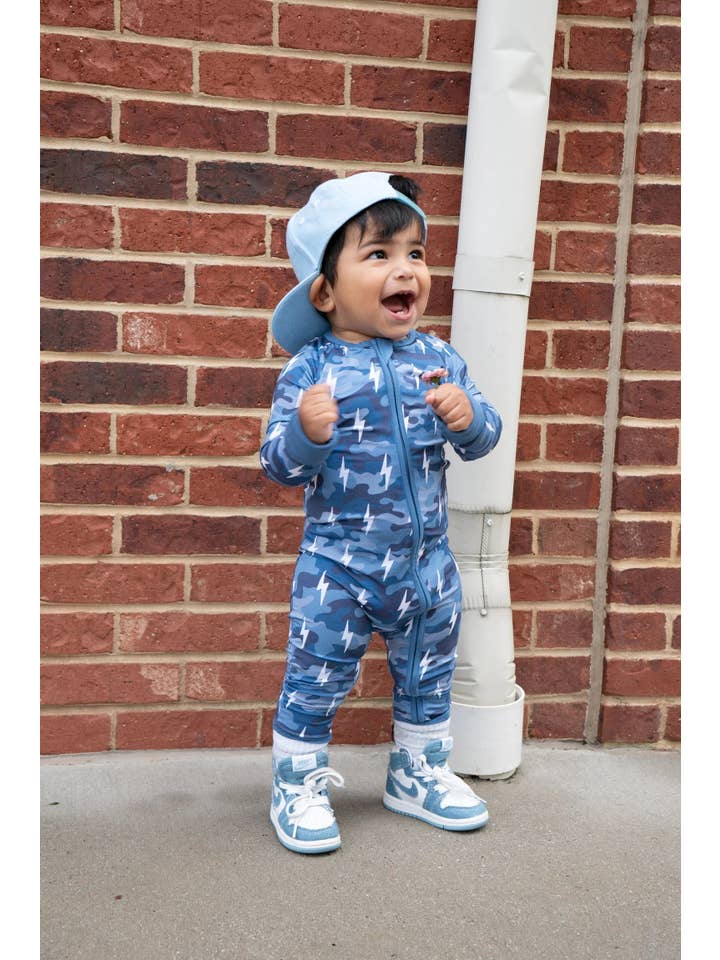 Lucky Panda Kids - Wholesale Jumpsuit - Baby - Bamboo Zip Romper | Blue Camo Bolts12