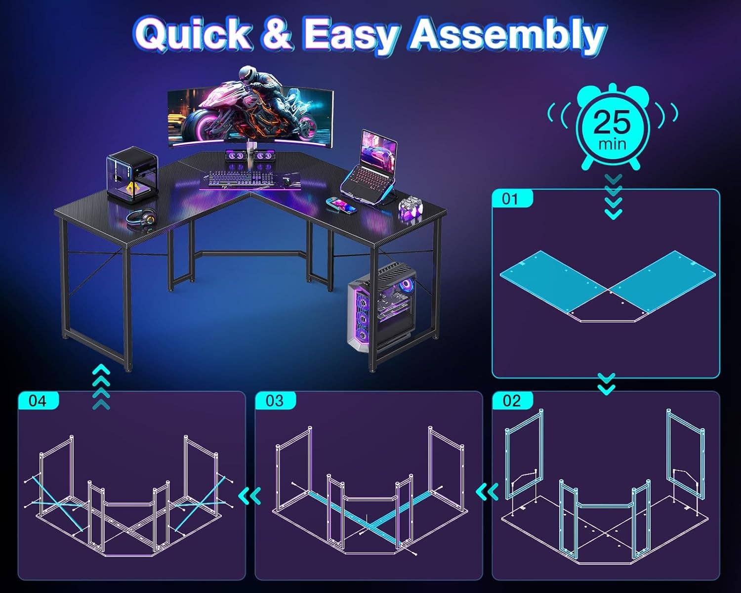 L Shaped Gaming Desk 51 Inch Computer Desk Carbon Fiber for wholesale on Faire3