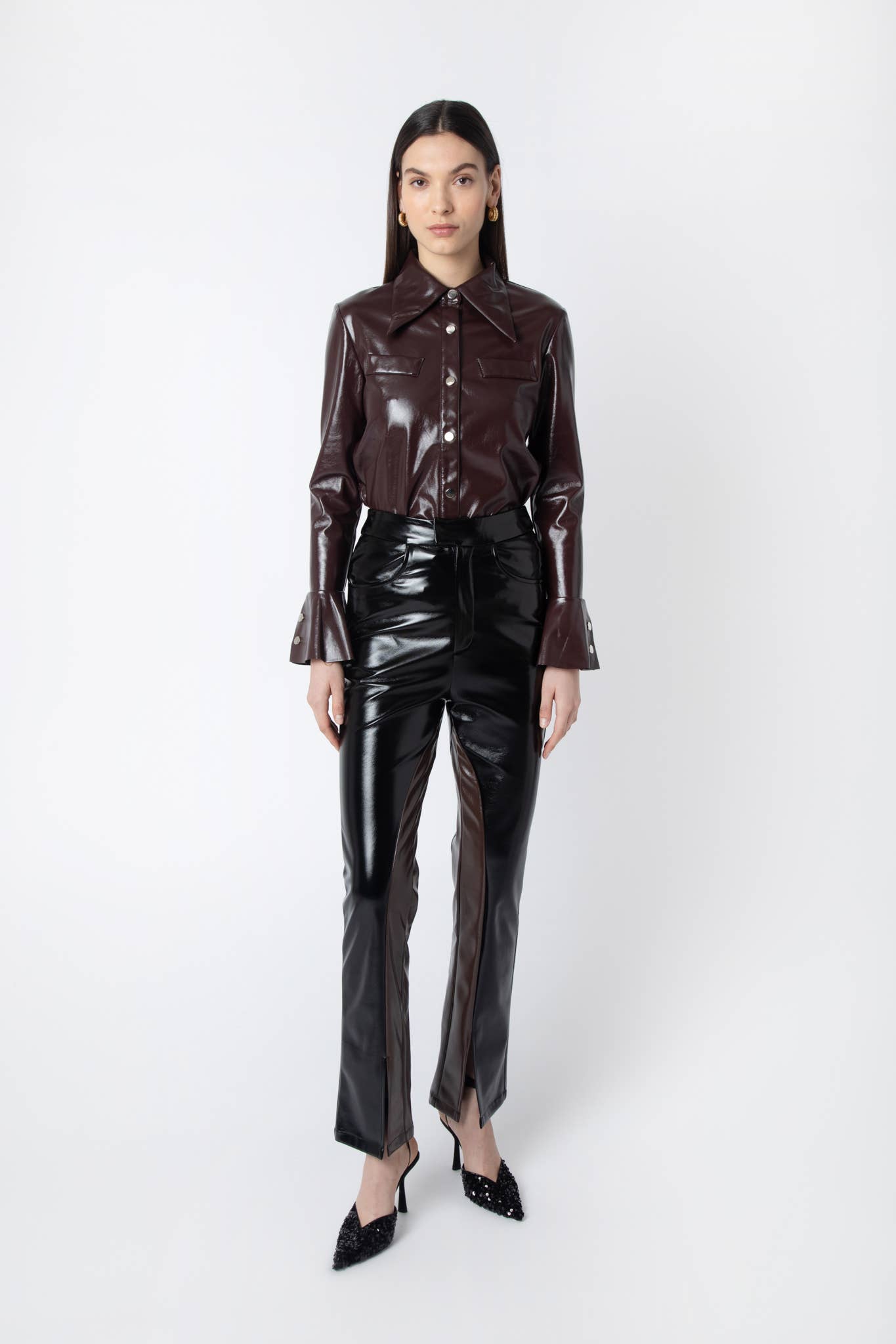Brown Black Noor High Shine Faux Leather Pants for wholesale on Faire5