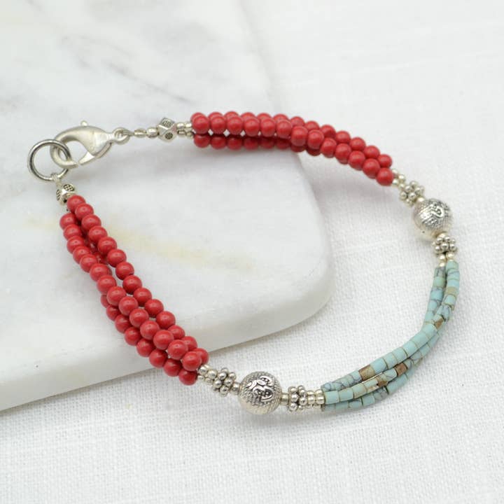 Coral & Turquoise Tibetan Bracelet for wholesale by Didi Bahini Fair Trade