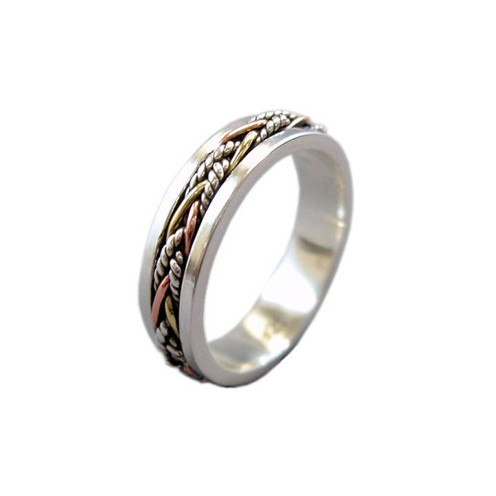 Energy Stone - Wholesale Band/Stacked Ring - Twine Sterling Silver Meditation Spinner Ring