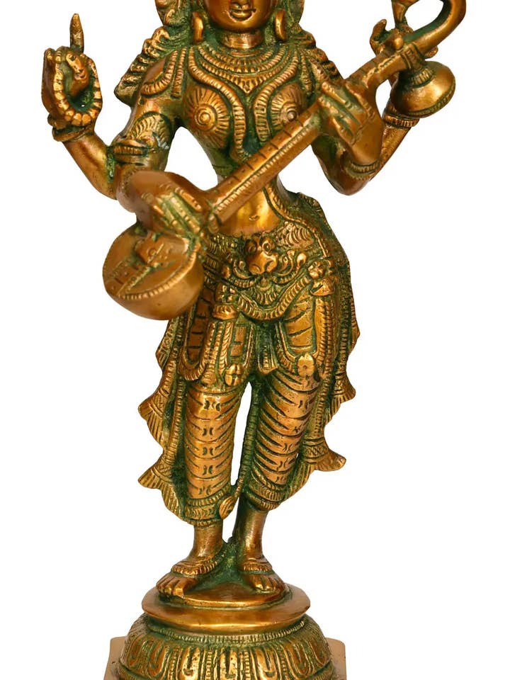 10" Goddess Saraswati In Brass | Handmade | Made In India for wholesale by Exotic India Art