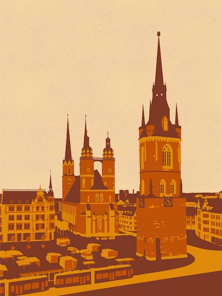 Marktplatz Halle Kunstdruk A4 A3 A2 voor wholesale door ostkarte