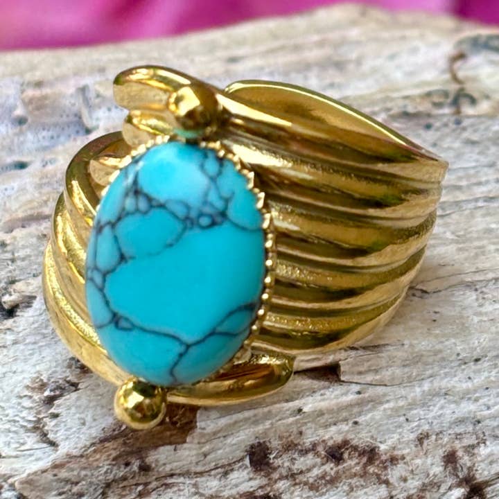 18ct Gold Plated Oval Turquoise Stone Ring for wholesale by Ocean Ripples