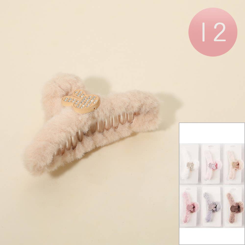 Sensibling Corp. - Wholesale Hair Clip - Women's - 12PCS - Bunny Accent Fuzzy Plush Fur Hair Claw Clips
