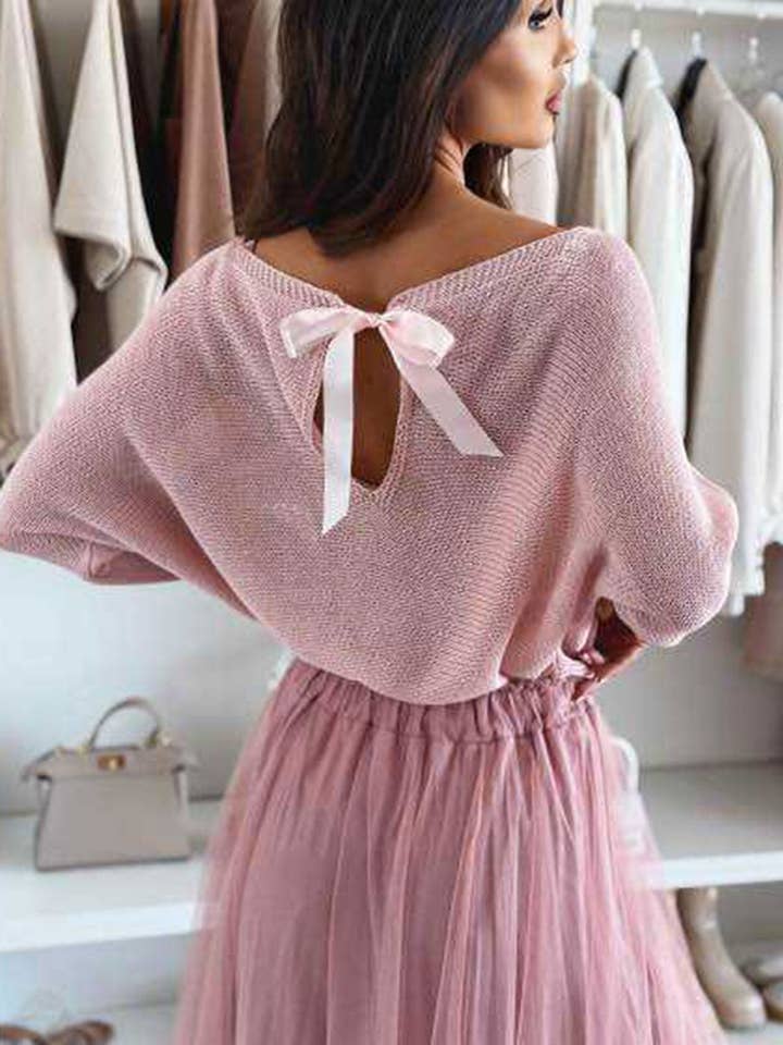 Kori Open Back Bow Light Knitted Sweater Jumper-Dusty Pink for wholesale by Catwalk Wholesale
