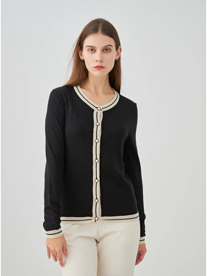 jw.atelier – wholesale Kofta - Dam – Tvåfärgad cardigan i siden och kashmir med pärlknappar3