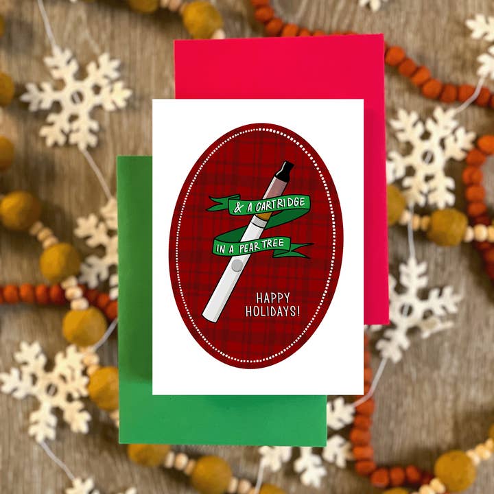 Cartridge in a Pear Tree Cannabis Christmas Card for wholesale by Stone Donut Design, LLC