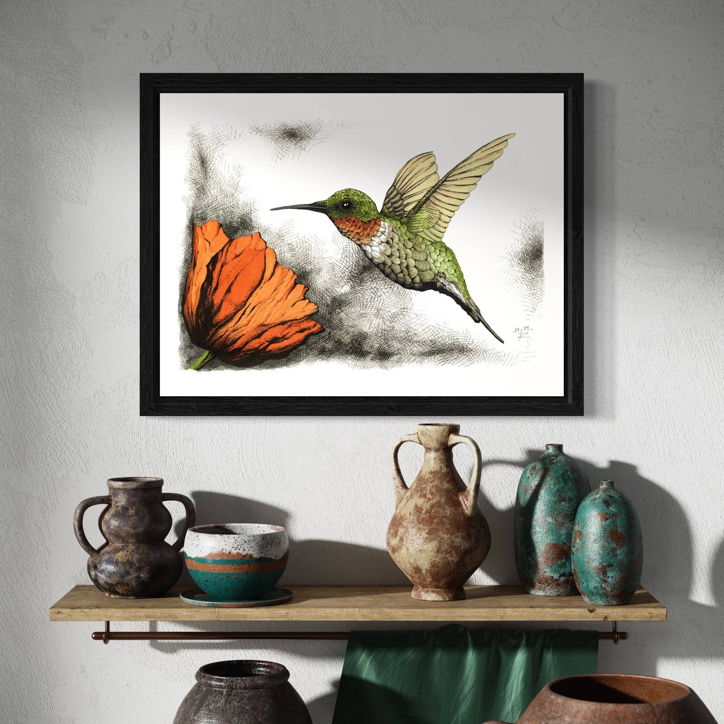 Tony Rubsam Illustrations – wholesale Art print – Ruby-throated Hummingbird & Poppy Pen and Ink Illustration6