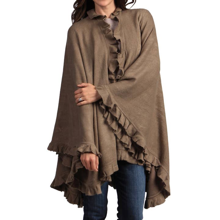 Fennco Styles – wholesale Poncho – Women's – Ruffle Trim Knit Open Front Cozy Warm Women Poncho Cape6
