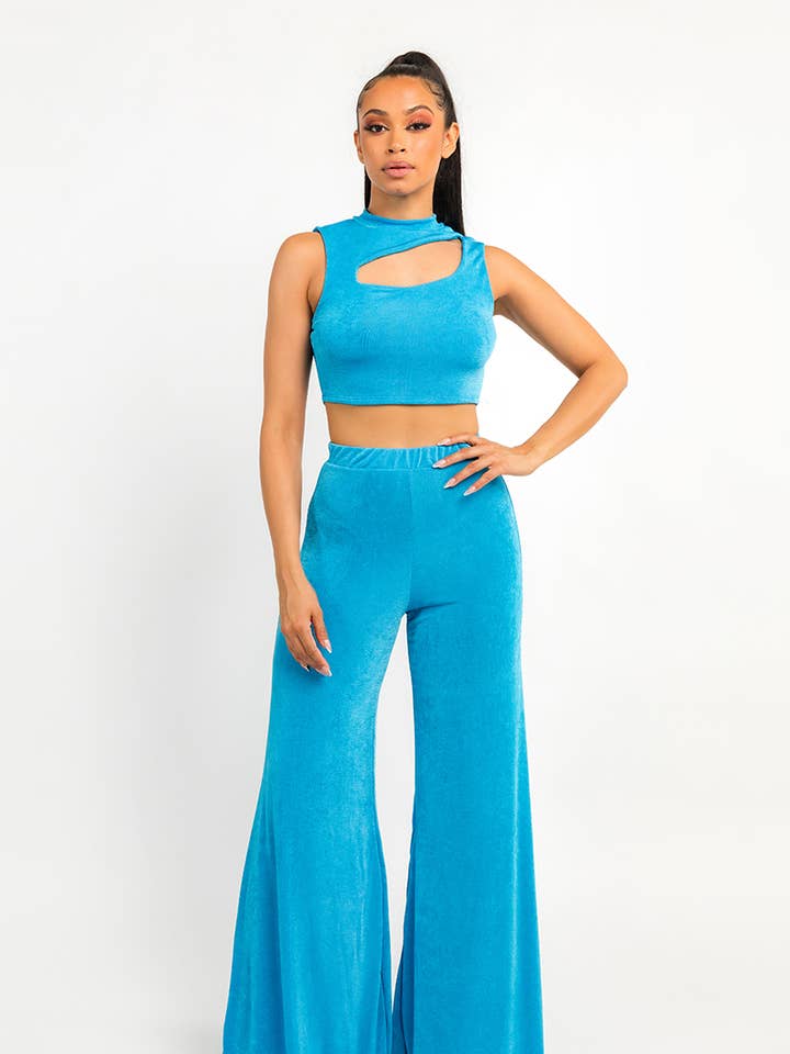 - Ensemble haut découpé sans manches uni et pantalon à jambes larges DT3235 pour la vente par Jour