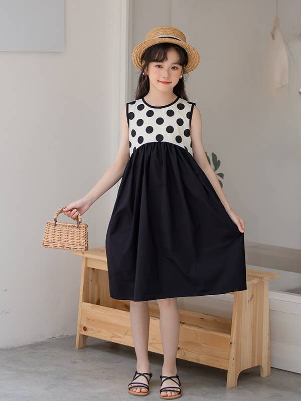 Black Hot Selling Summer Kids Girls Fashion Style Polka Dots Sleeveless Color Patchwork Dress for wholesale on Faire1