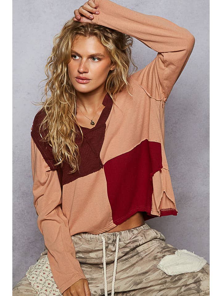 Pol Clothing - Wholesale Knit Top - Women's - Notched neck contrast fabric long sleeve top1