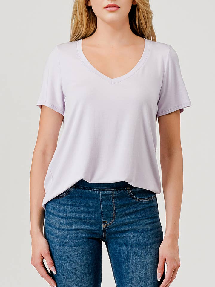 Modal Short Sleeve V-neck Relaxed Fit T-shirt, T211M for wholesale by Heimious