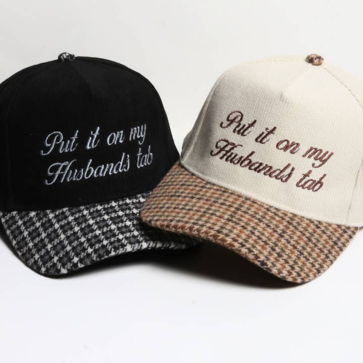 PUT IT ON MY HUSBAND'S TAB Corduroy Plaid Brim 5 Panel Cap for wholesale by David And Young