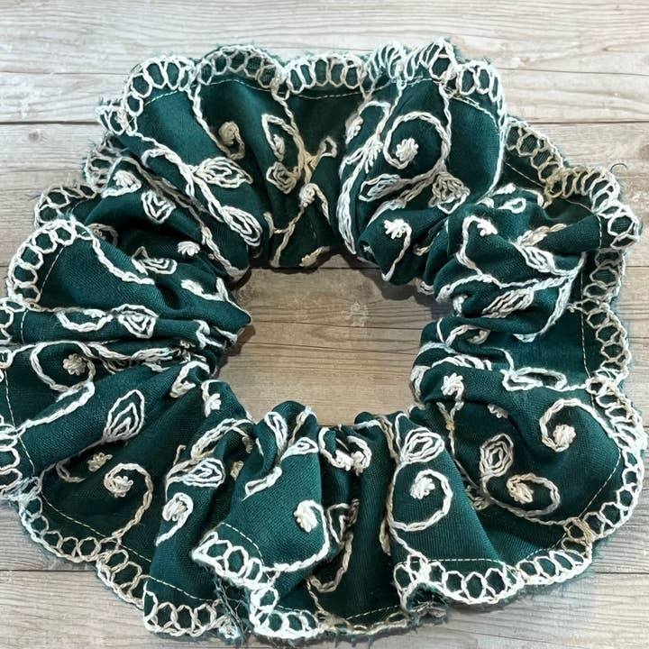 Scrunchie Vintage Hunter Green and Cream VineEmbroidery for wholesale by Open Window Studios