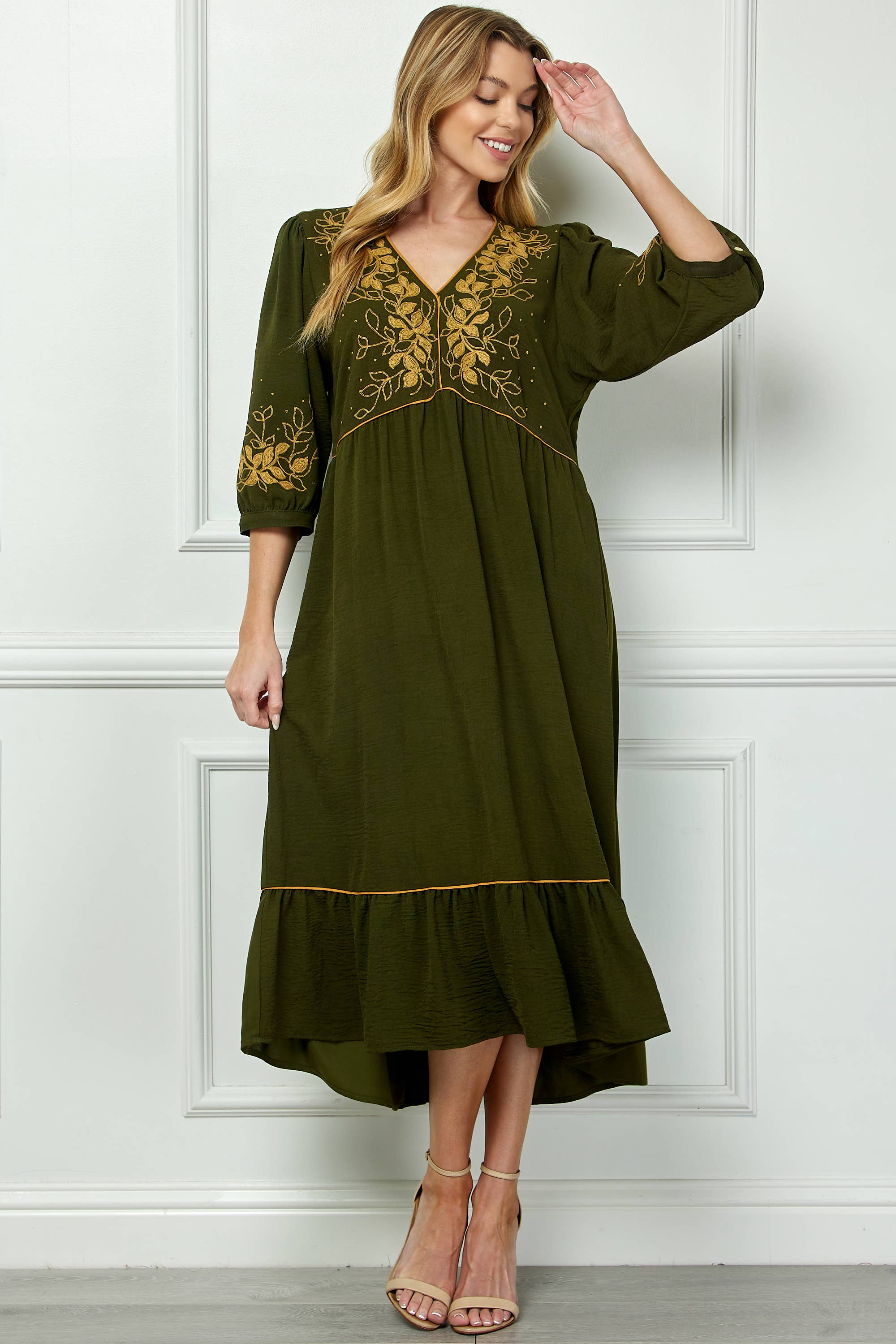 ARMY PIPED FRONT TIERED DRESS WITH EMBROIDERY for wholesale on Faire3