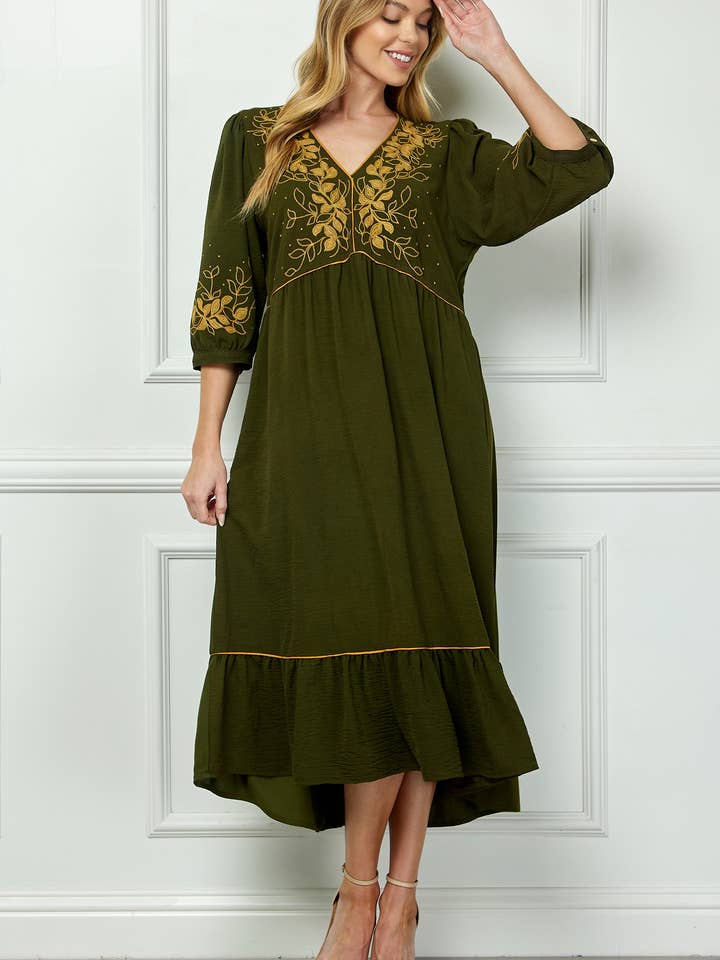 ARMY PIPED FRONT TIERED DRESS WITH EMBROIDERY for wholesale on Faire3