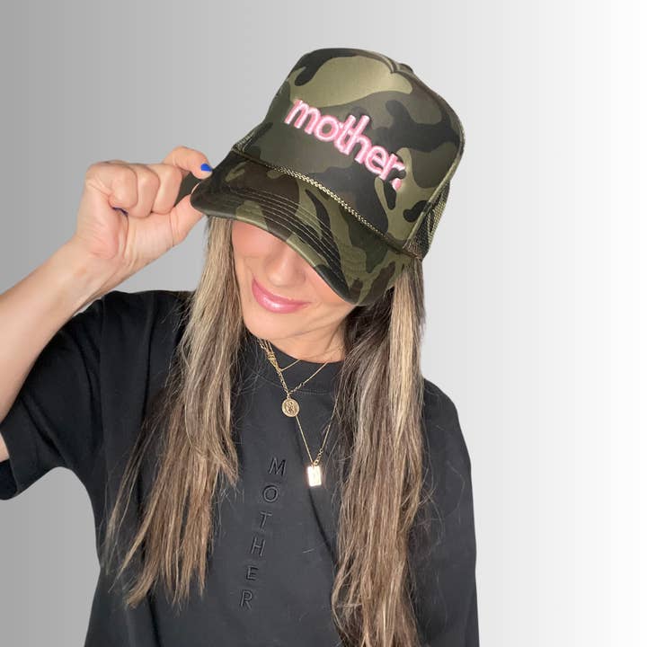 Mother Embroidered Trucker Hat - Camo + Baby Pink for wholesale on Faire