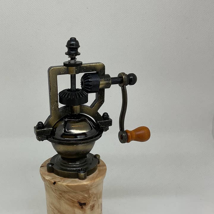 Antique Style Pepper Grinder Maple Burl for wholesale by Serges Wood Turnings