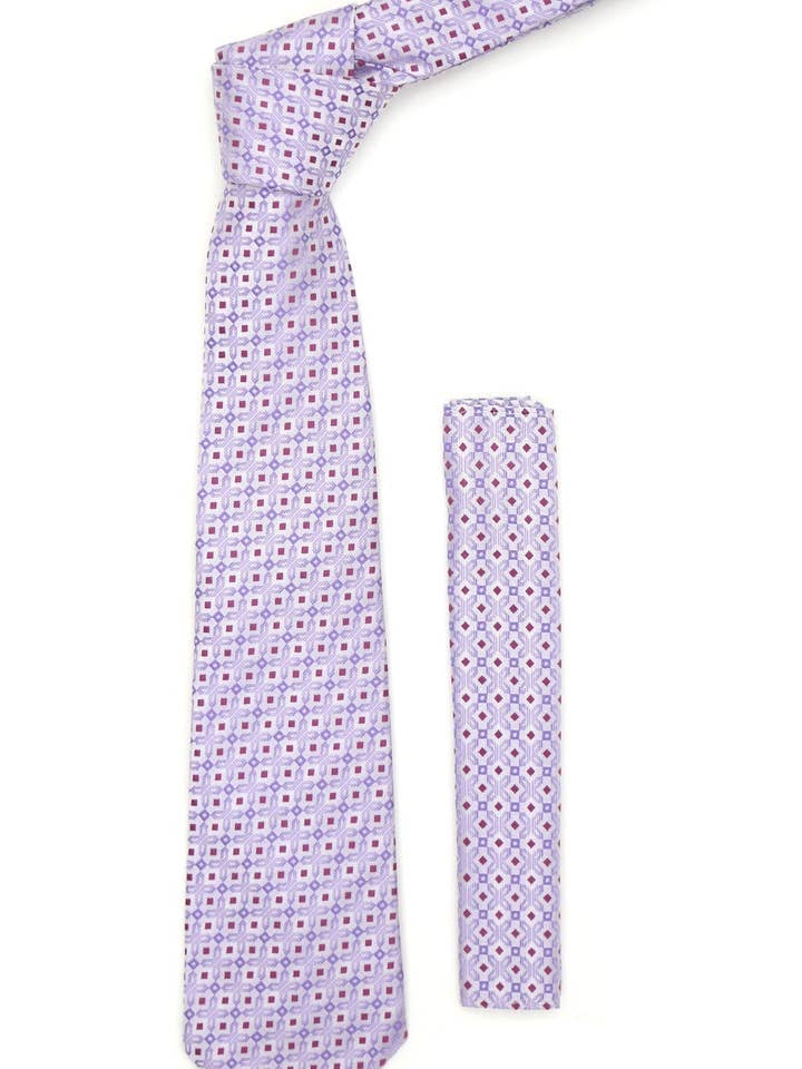 Lavender Purple Geometric Necktie with Handkerchief Set for wholesale by Ferrecci