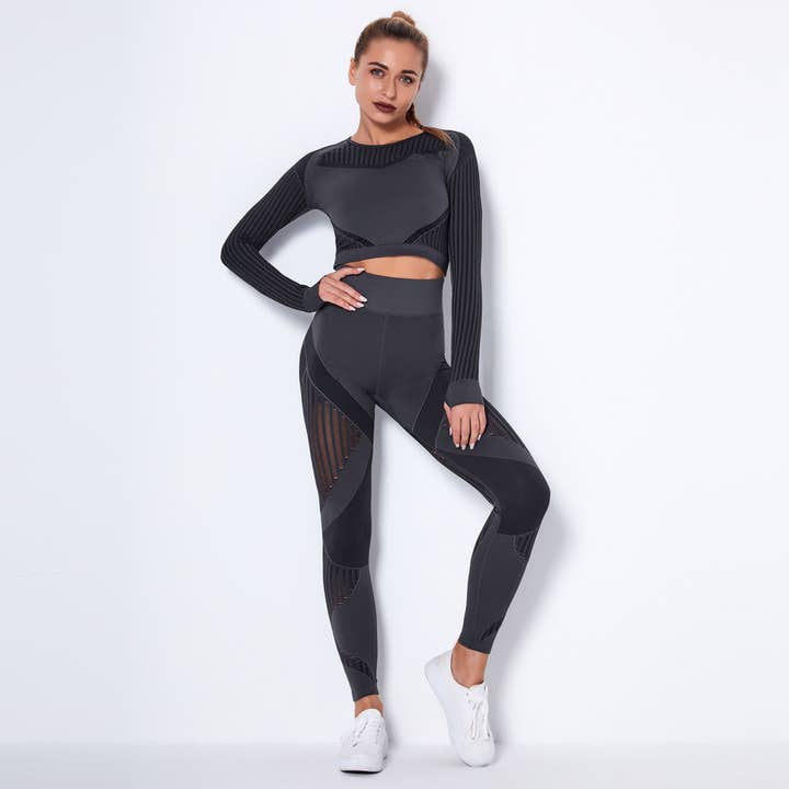 Svelte Seduction - Wholesale Activewear set – Women′s - New Seamless Net Hole Quick Drying Sports Yoga Long Sleeve Striped Fitness Trousers Yoga Suit4