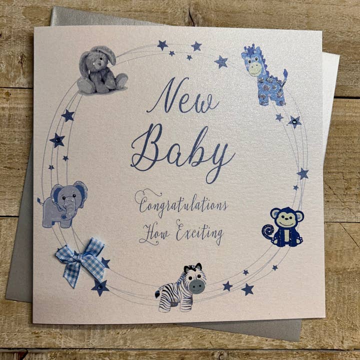 Félicitations, Excitant Nouveau Bébé Garçon Bleu, Lapin (XN220S) pour la vente par White Cotton Cards