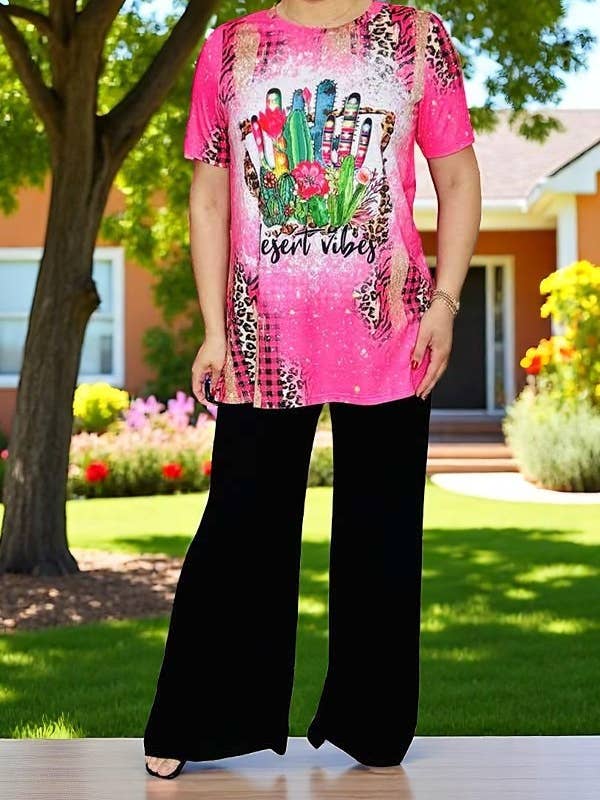 XCH12443 DESERT VIBES pink cactus printed short sleeve top for wholesale by luluclothes