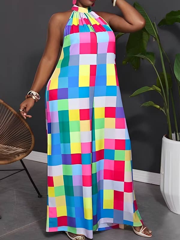 COLORFUL ​Loose Sleeveless Plaid Pleat Halter Jumpsuit for wholesale on Faire
