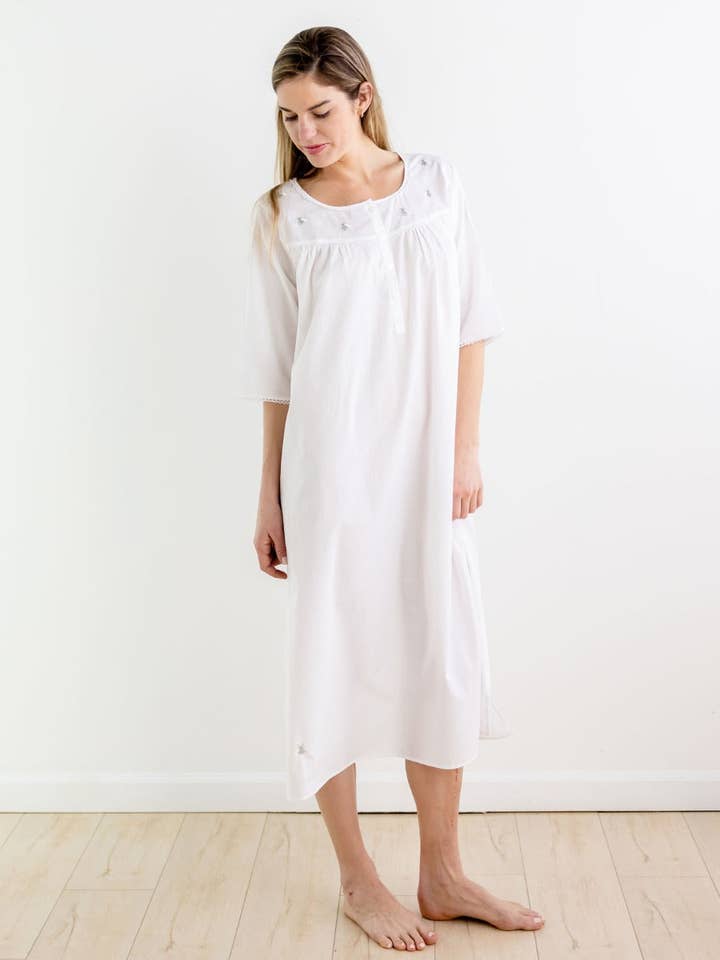Bee White Cotton Nightgown, Embroidered for wholesale by Jacaranda Living