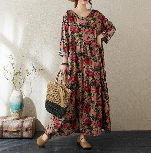 Whisper Mint - Venta al por mayor Vestido - Mujer - Vestido evasé escalonado con estampado floral de manga larga y corte holgado2