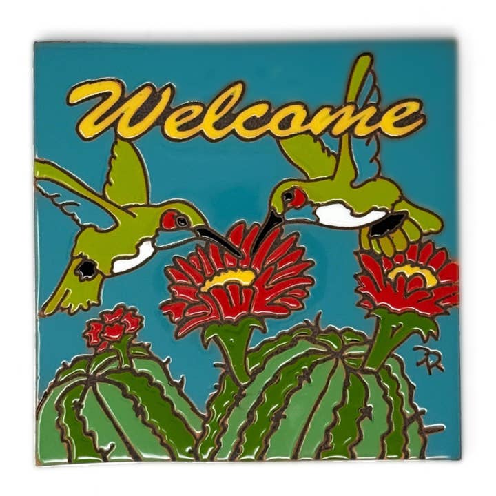 Welcome Hummingbirds with Barrel Cactus Tile (7859) for wholesale by Earthtones Tile