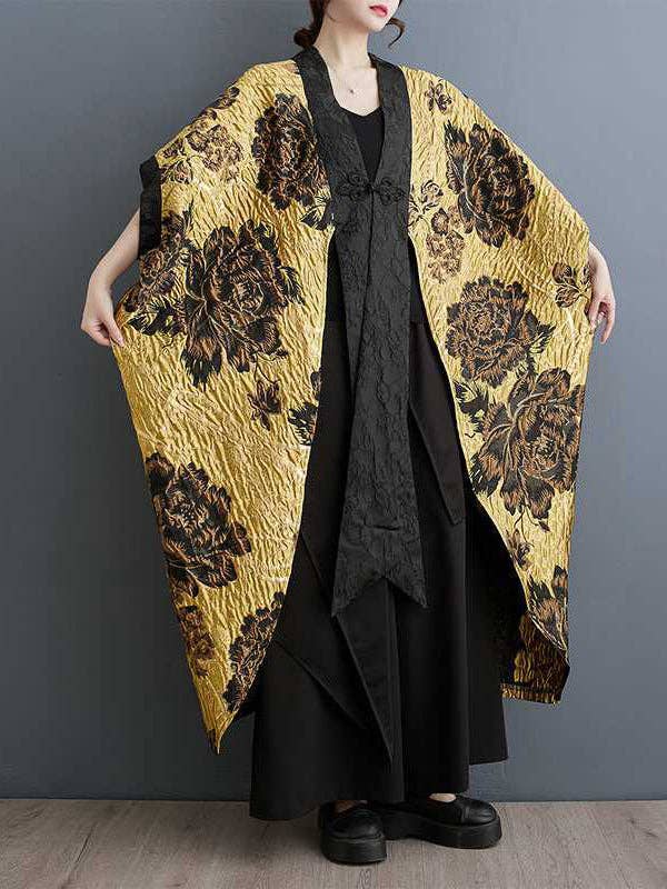Sheer Trend - Vente Kimono – femme - Vêtements d'extérieur amples à manches chauve-souris ornés de fleurs et de boutons grenouilles chinois plissés à joint fendu et col en V1