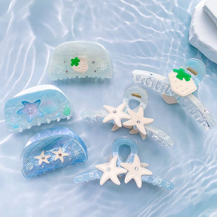 SoapElenGlen - Wholesale Hair Clip - Women's - Dreamy Blue Shell Starfish Hair Clip, Summer Beach Claw Clip1
