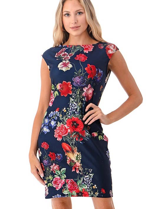 Vestido de Verão Feminino de Moda Floral Azul Marinho Sem Mangas por atacado de Calison