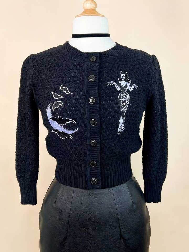 Deadly Dame Cropped Cardigan in Black for wholesale by Mischief Made