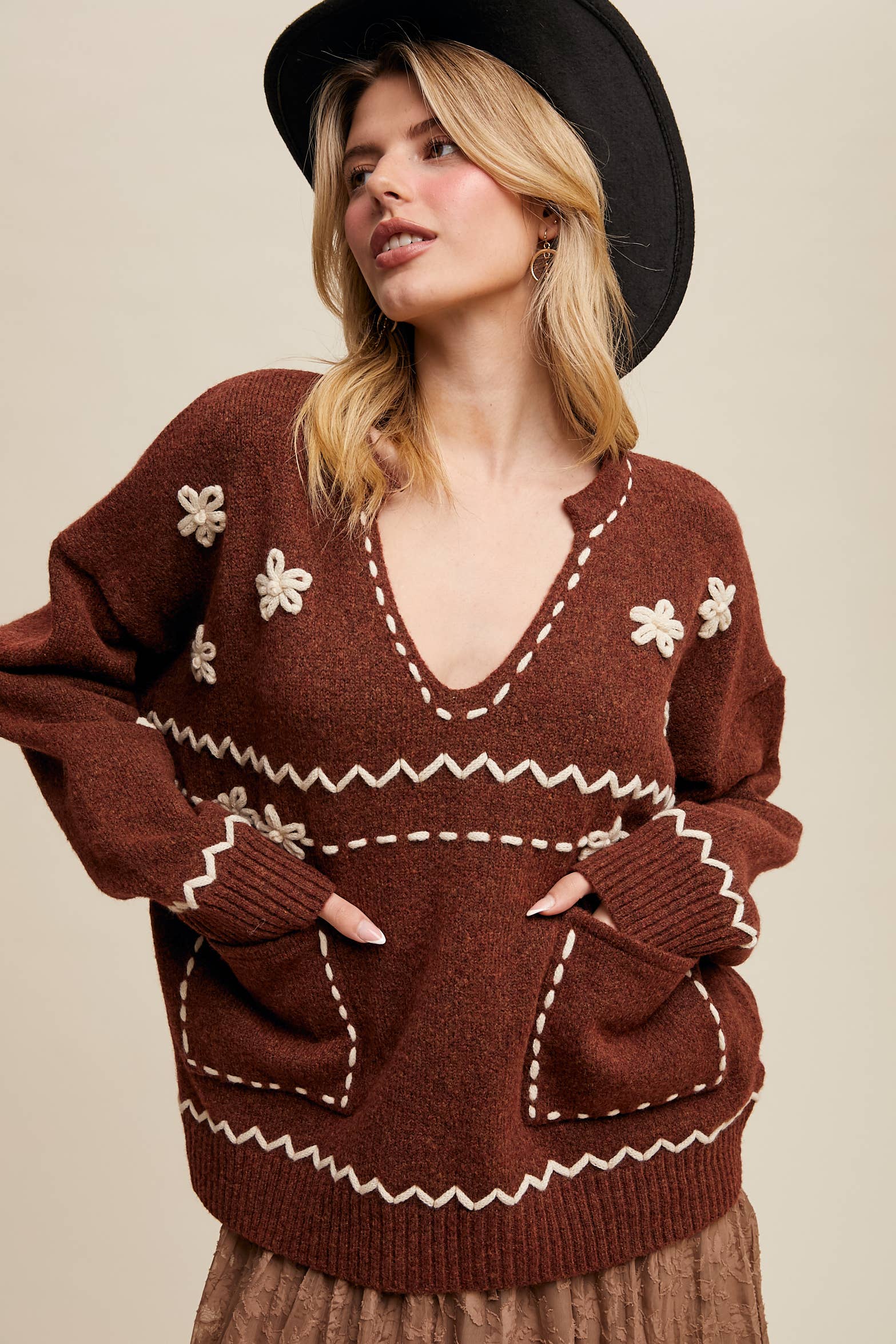 Listicle – wholesale Knitted jumper – Women′s – Floral Embroidered Knit Sweater LSW09781