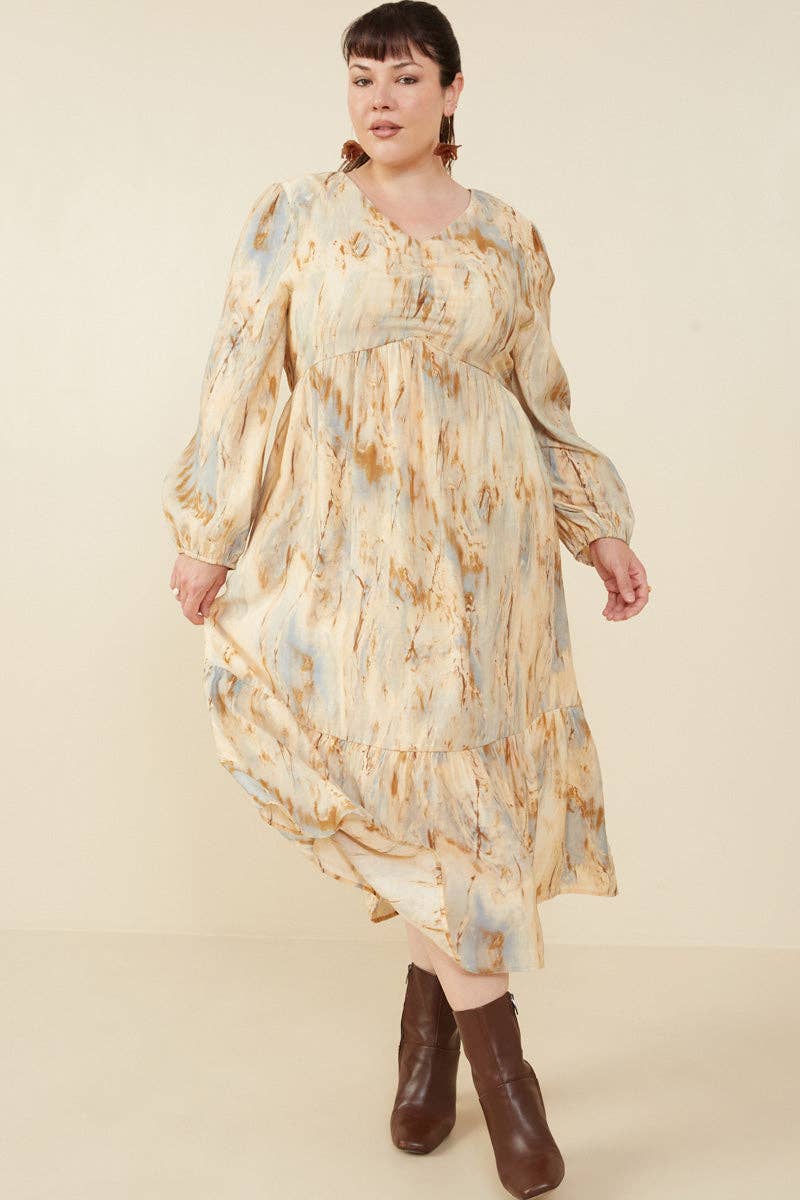 Taupe Womens Oil Print Long Sleeve Gathered Bust Dress for wholesale on Faire1