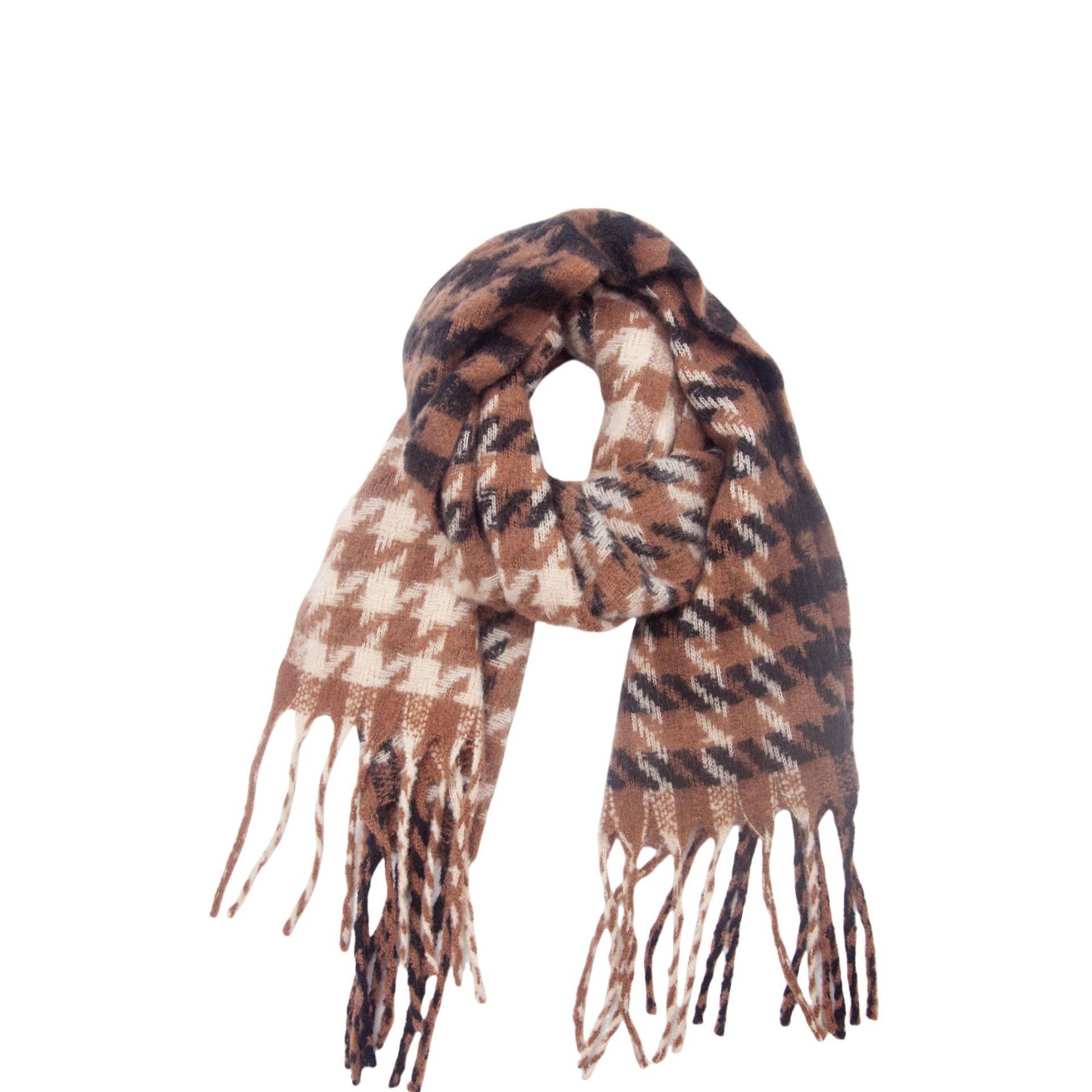 Adorro - Wholesale Scarf - Women's - Soft Two Tone Houndstooth Chunky Fleece Oblong Tassel Scarf0