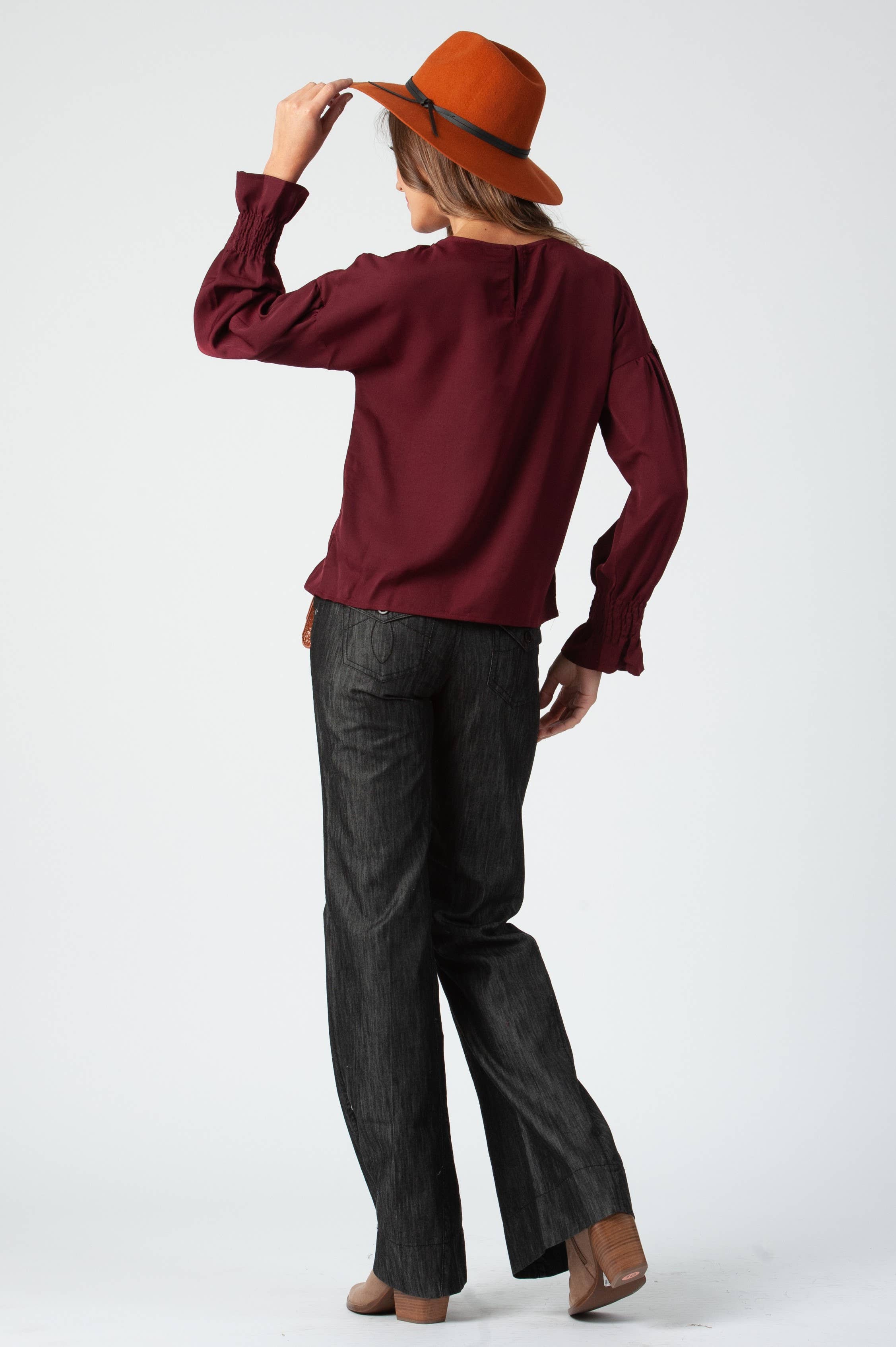 Lucca Couture - Wholesale Blouse - Women's - Fall Silky Long sleeve BLOUSE | BURGUNDY1