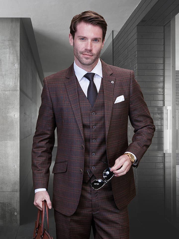 Copper Santori 3PC Plaid Suit in Italian Wool & Cashmere for wholesale on Faire0