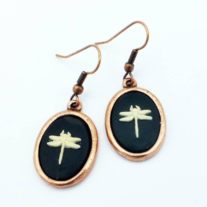 Small Dragonfly Cameo Earrings in Antique Copper for wholesale by Fizz