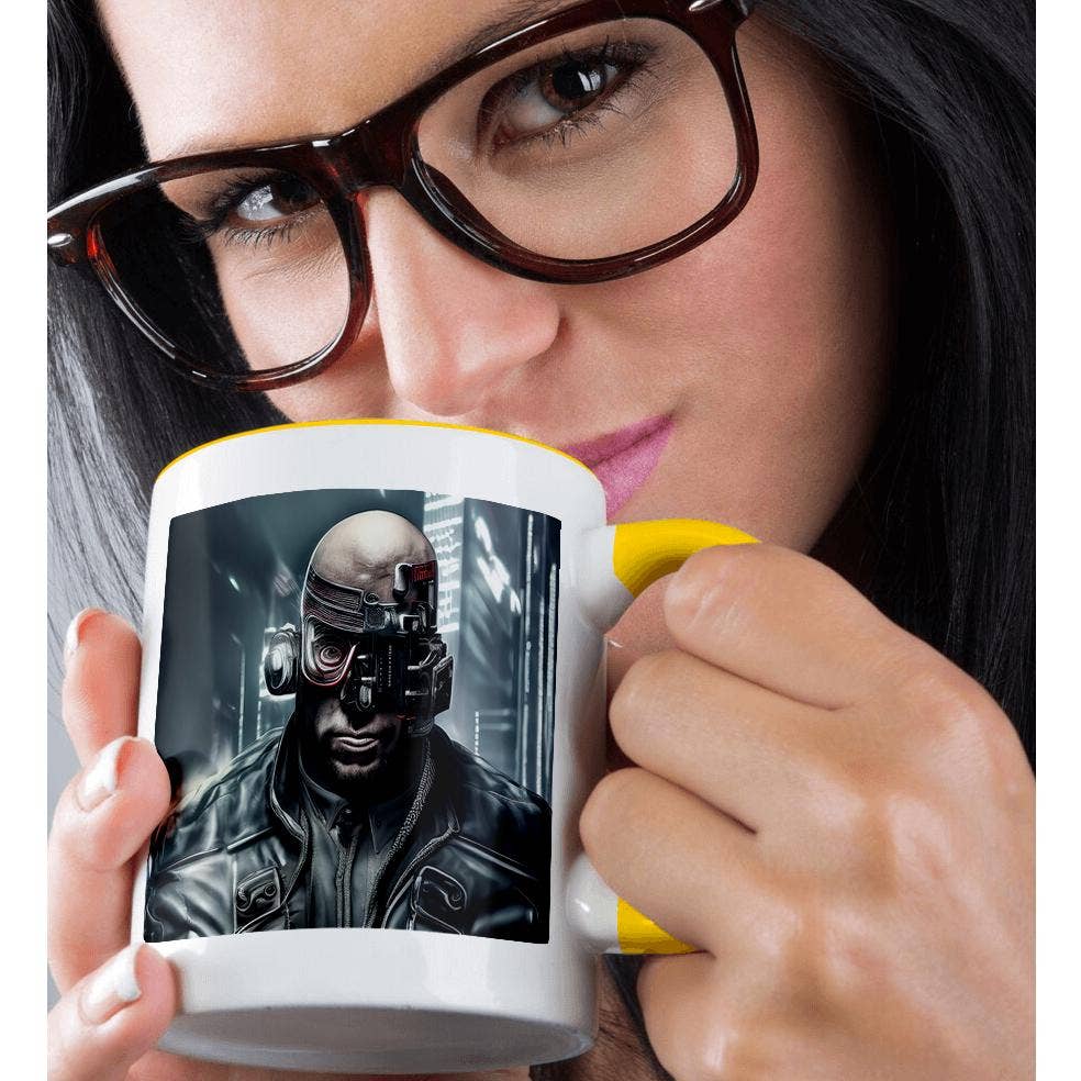 3dRose - Wholesale Coffee Mug - 3dRose, Bold man cyberpunk cyborg. Head gadgets, leather jacket, night city, Mug1